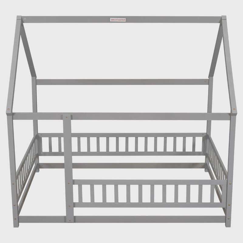 Full Size Floor Wooden Bed with House Roof Frame