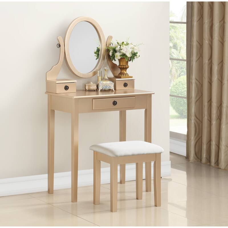 Bedroom Makeup Vanity Desk and Stool Set, Vanity Set Includes Dressing Table, Swivel Adjustable Oval Mirror and Stool - Gold