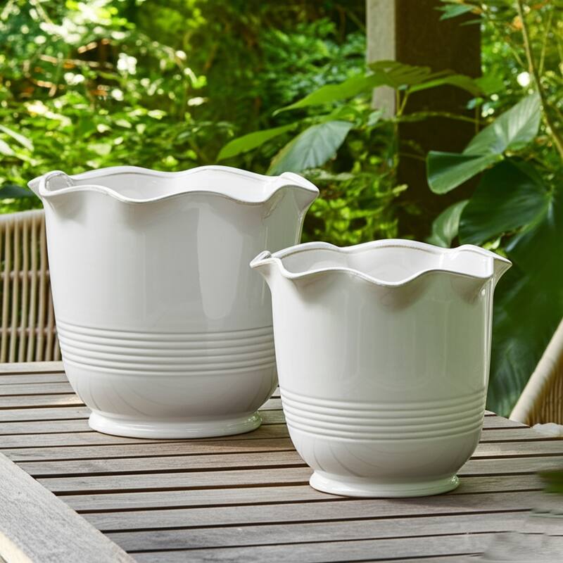 Ceramic Planter Ruffle Edge Home Garden Use (Set of 2) - 10", 7" Ivory - 11" x 11" x 9.5"