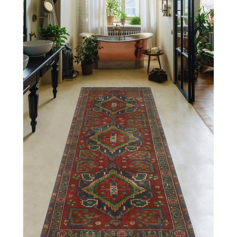 Fine Vintage Distressed Erleen Red/Navy Runner - 3'8" x 10'6"