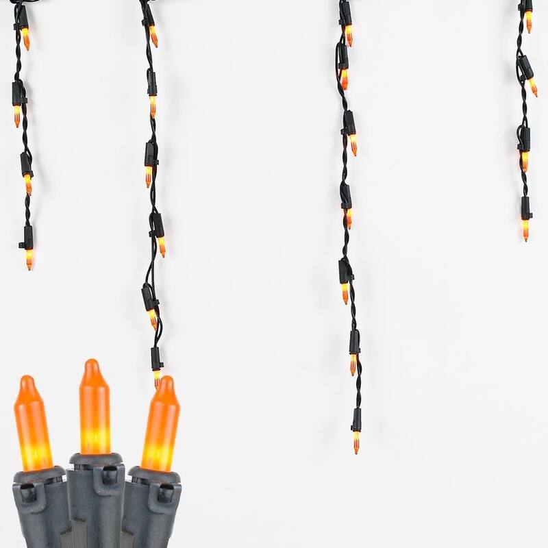 9 Foot Outdoor Halloweeen Icicle Light Set, Black Wire, 100 Light - Orange