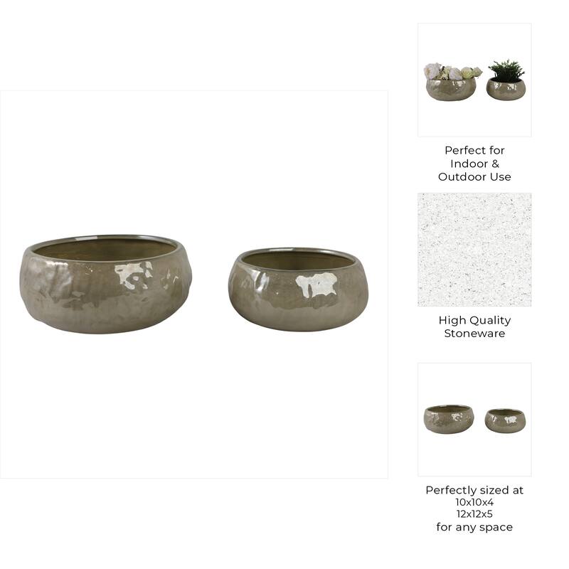 Stoneware Planters Modern Rounded Design and Texture Detail (Set of 2) - 12" x 12" x 5"