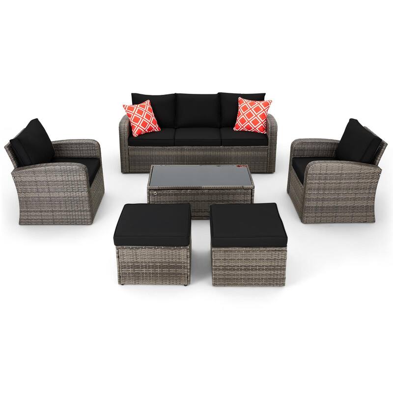 6-Piece Rattan Patio Set with Fire Pit Table, Outdoor Conversation Set with Cushions, Weather-Resistant Sofa Sectional