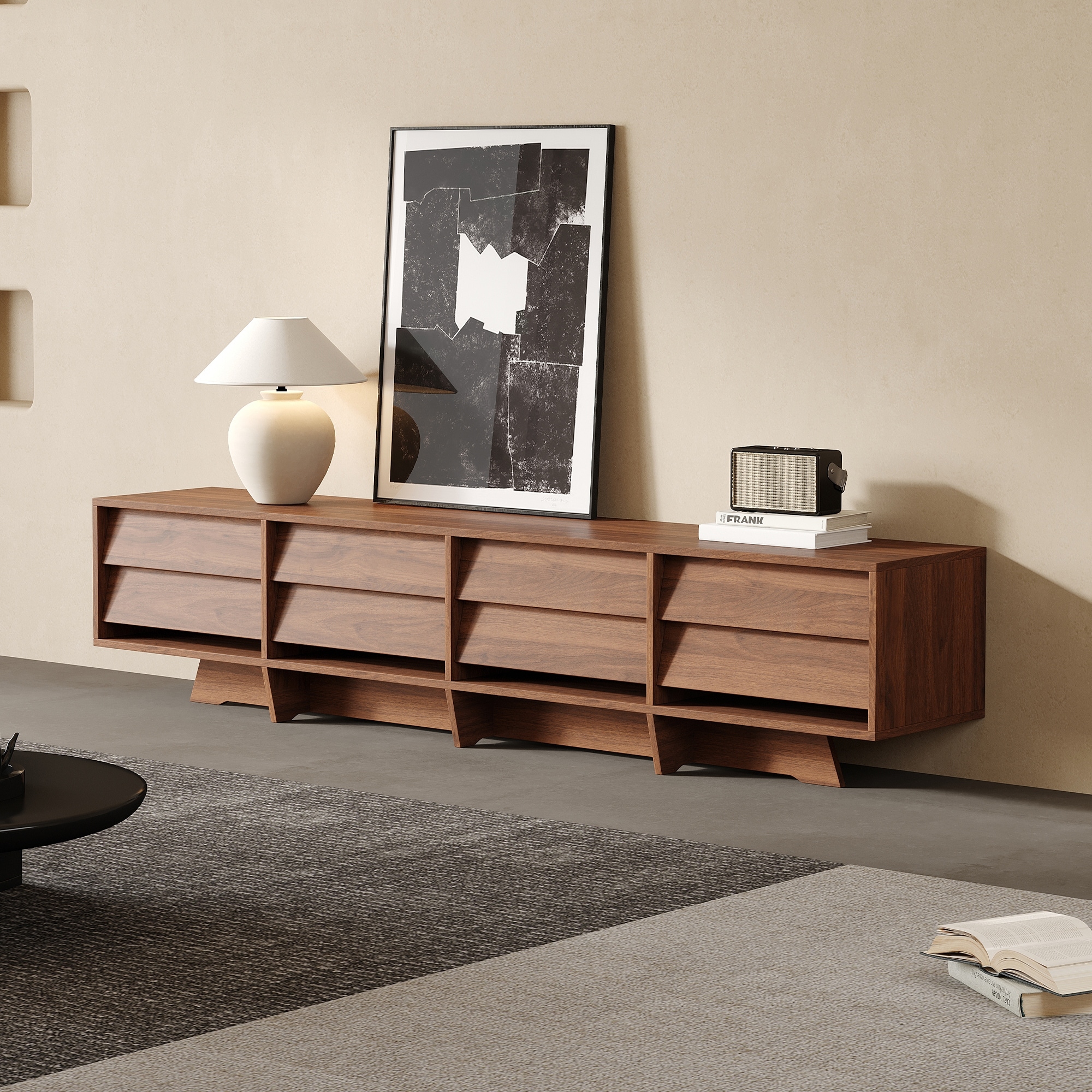 78.74" Mid Century TV Stands,Brown Wood Media Console with 8 Drawers