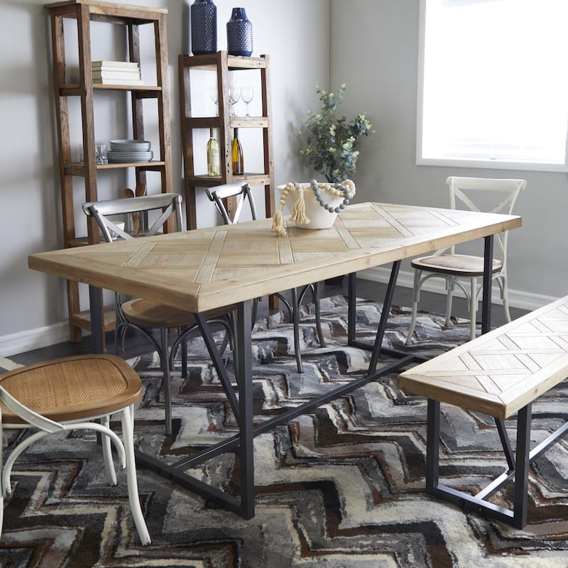 Wood Geometric Carved Dining Table with Black Metal Base - Brown - Roche River Decor