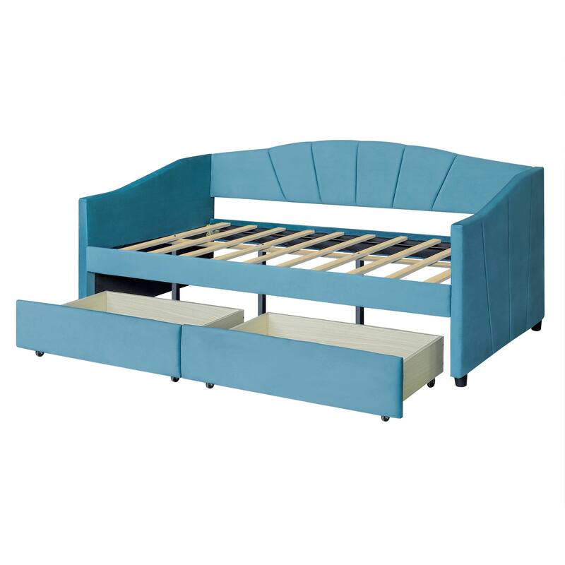 Twin Size Daybed Frame Rays Pattern Design Velvet Upholstered Daybed with 2 Drawers or Trundle, Wood Slat Support
