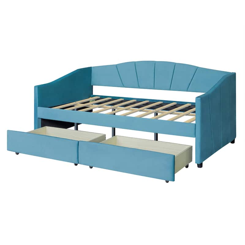 Velvet Upholstered Platform Bed with Storage, Twin Daybed Lounge Chaise Sofa Bed with with Solid Wood Frame and Wooden Slats