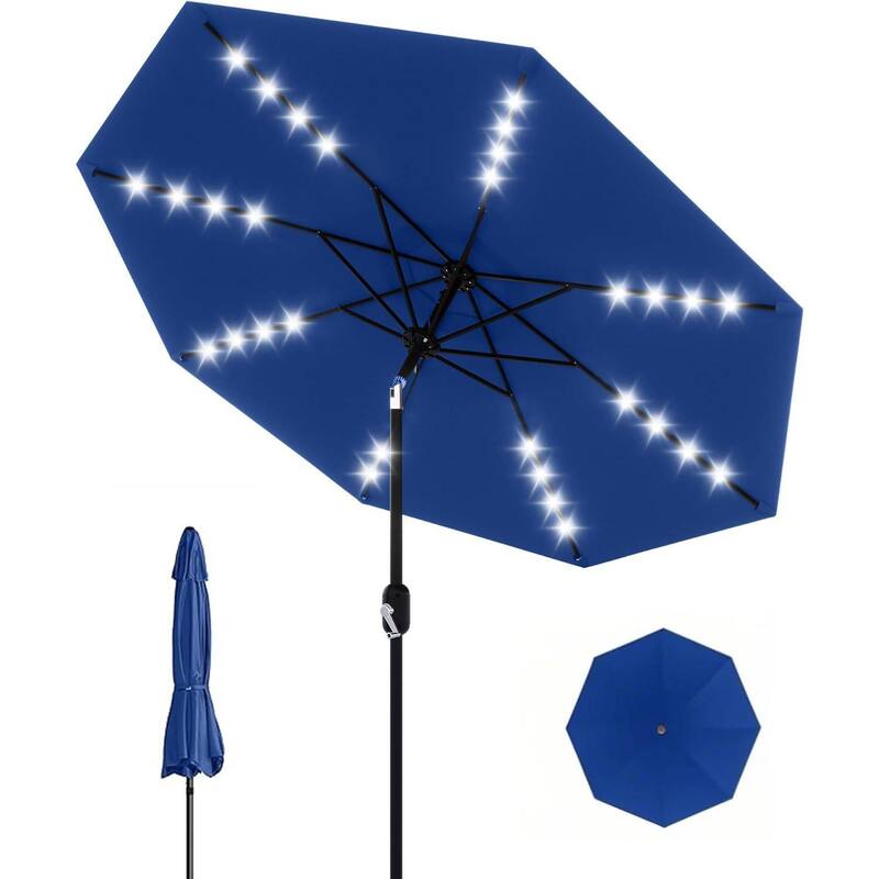 9 Ft Patio Umbrella with Solar Lights for Pool, Deck, Backyard - Blue