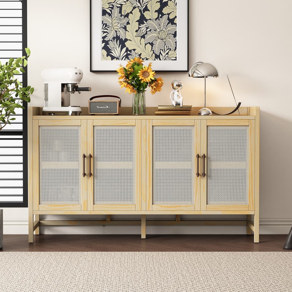 Rustic Decorative Rattan Doors Sideboard with Adjustable Shelves for Entryway