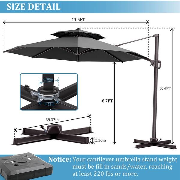 dimension image slide 4 of 5, VredHom 11.5FT Dual Wind Vent Offset Cantilever Canopy Patio Umbrella