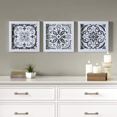 Madison Park Montage Distressed Black and White Medallian Tile 3-piece Wall Decor Set