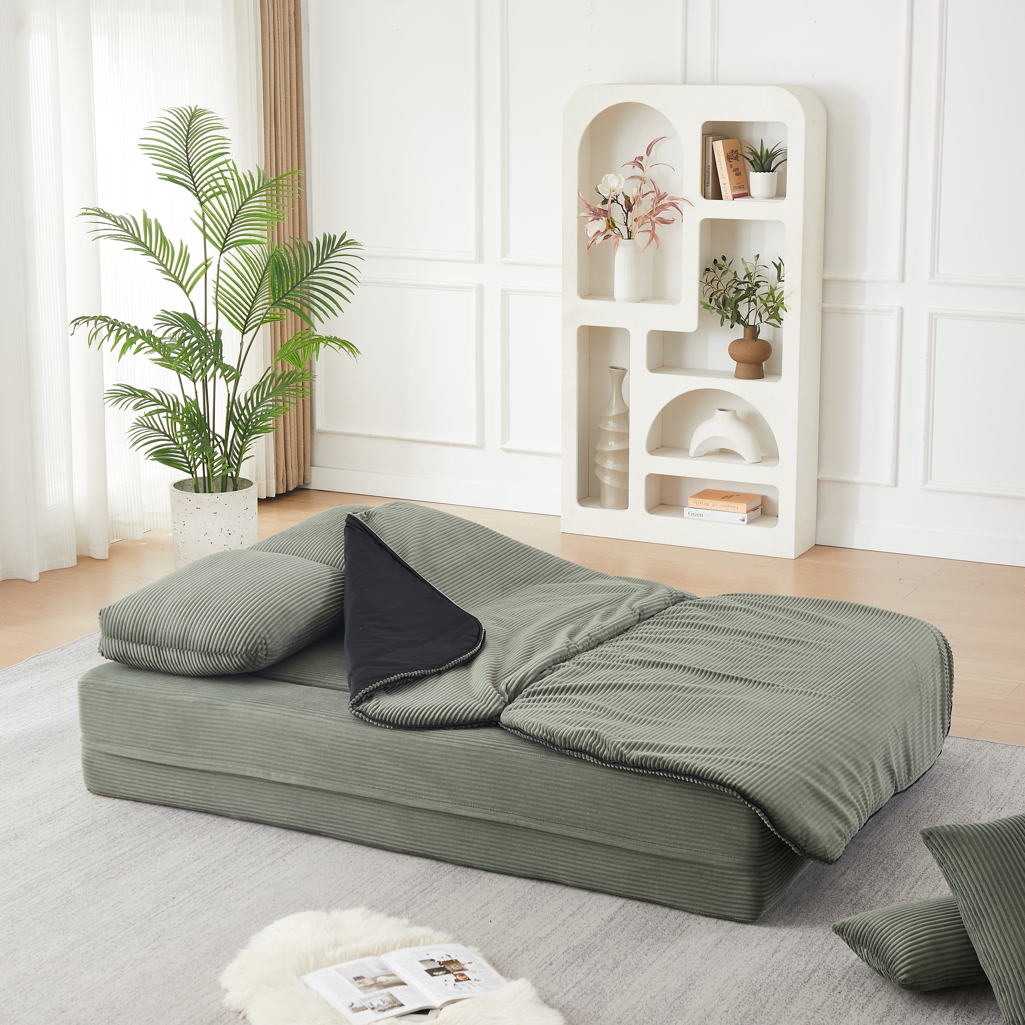 75" Foldable Corduroy Floor Sofa Bed, Convertible Sleeper Couch with Multi-Functional Blanket