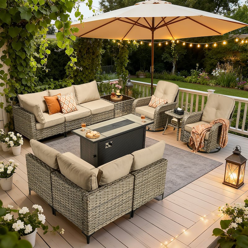 HOOOWOOO 11-piece Outdoor Patio Sofa Wicker Furniture Swivel Chair Set with 54" Fire Pit Table - Beige