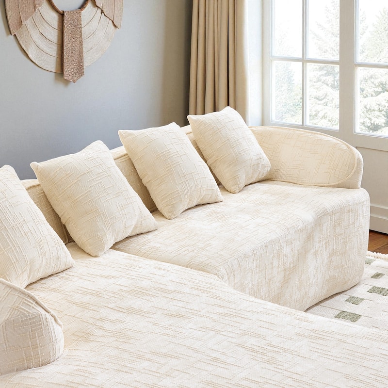 Chenille L-Shaped Compressed Sofa, 4-Seat Sectional Couch with Curved Armrests, High-Elastic Sponge & 4 Throw Pillows