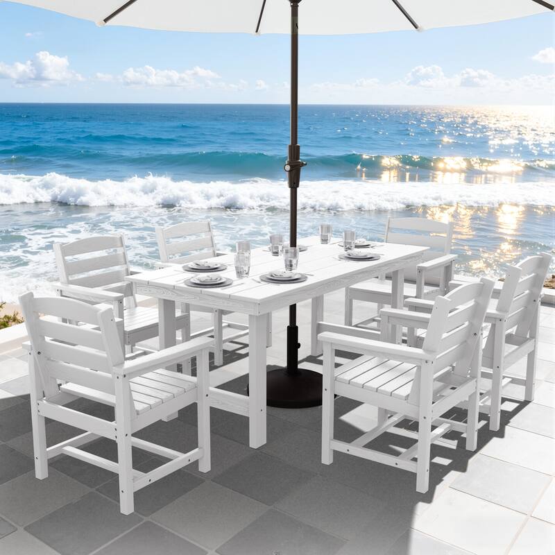 7-Piece HDPE Outdoor Dining Table Sets with Umbrella Hole - 1-Table 6-Chairs