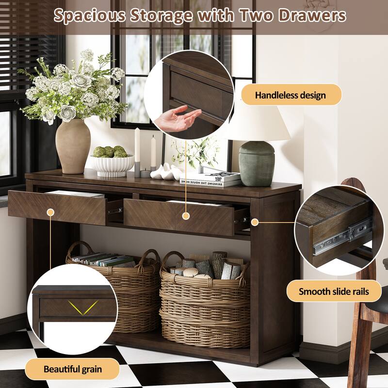 Brown Rustic Wooden Console Table with Storage Drawers
