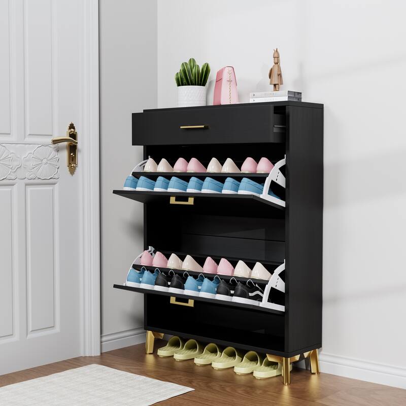 Shoe Storage Cabinet for Entryway, Free Standing Shoe Organizer with 2 Flip Drawers