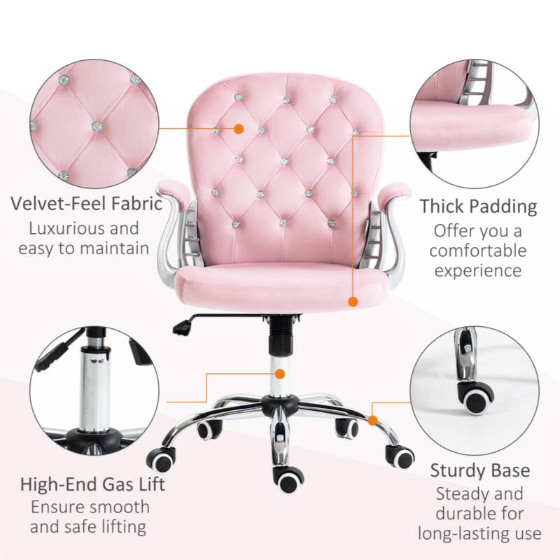 Velvet Home Office Chair, Button Tufted Desk Chair with Padded Armrests, Adjustable Height and Swivel Wheels, Pink