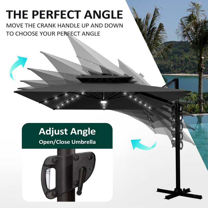 9 X 11 FT Outdoor Patio Cantilever Umbrella with Solar Lights Wheeled Base Double Canopy 360 Rotation Tilt