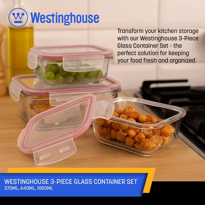 Westinghouse 3-Piece Glass Food Storage Container Set - 370 to 1050ml