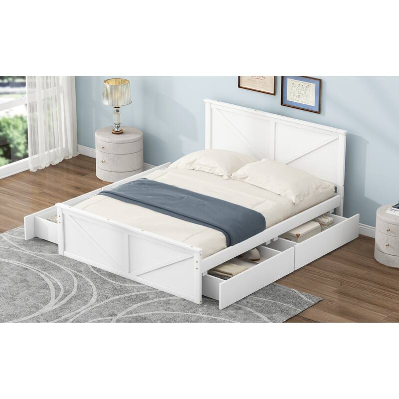 Queen Wooden Platform Bed with 4 Storage Drawers, Headboard, and Support Legs, Durable Pine Wood Frame