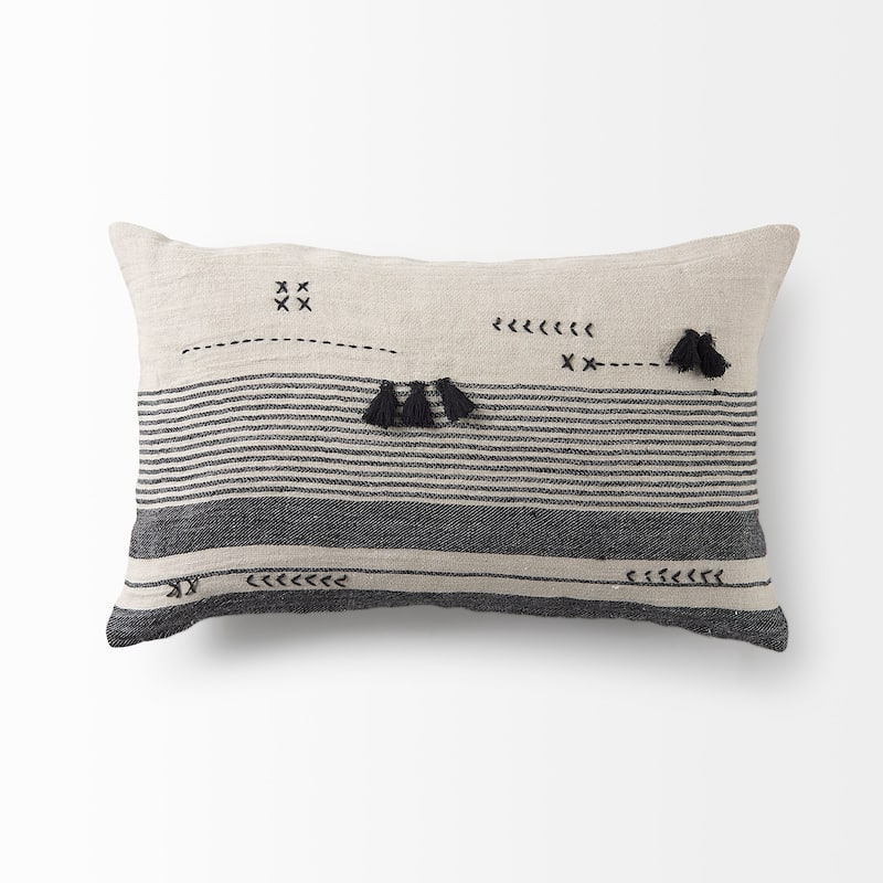 Thalia 13L x 21W Dark Gray and Cream Fabric Striped and Fringed Decorative Pillow Cover