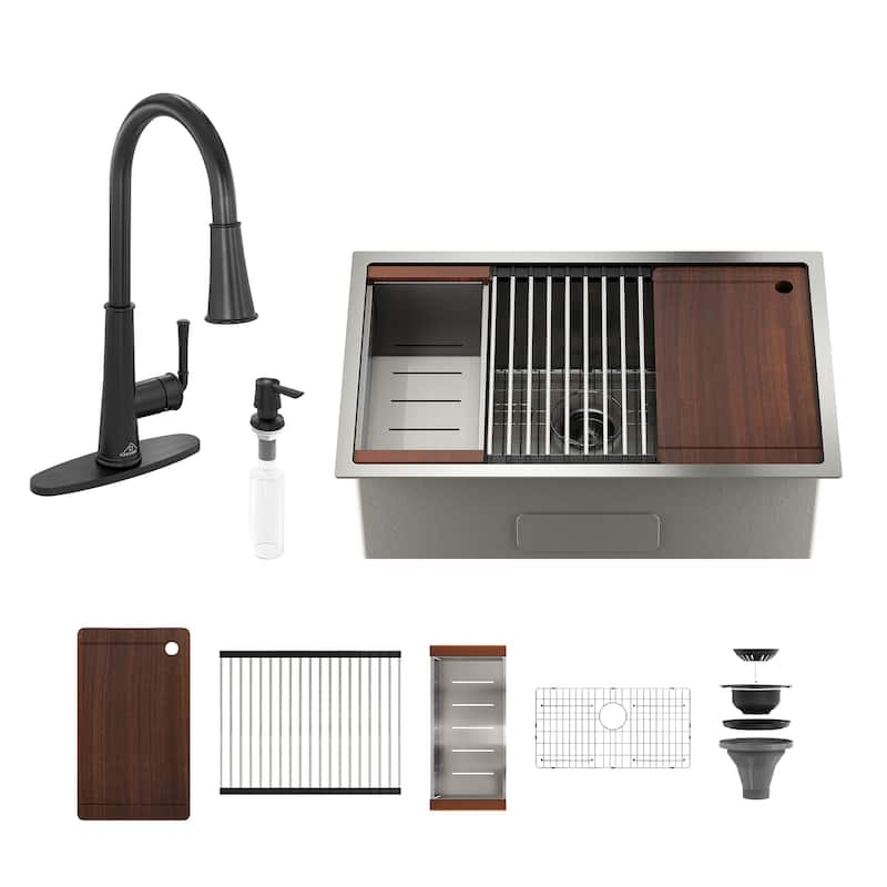 Undermount Nano Brushed Stainless Steel Workstation Kitchen Sink with Sensor-Activated Kitchen Faucet and Accessories - 36" Sink + 2-Spray Matte Black Pull-Down Faucet - 36 x 19 x 10