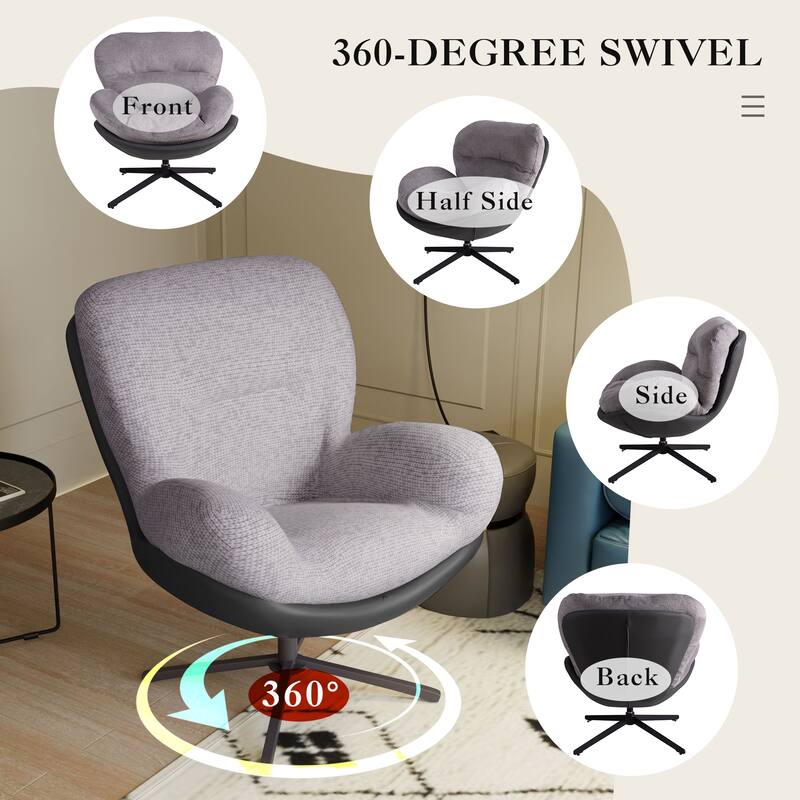 360° Swivel Accent Chair, Modern Chenille Lounge Chair with Faux Leather and Black Metal Base Frame, Comfortable Reading Chair