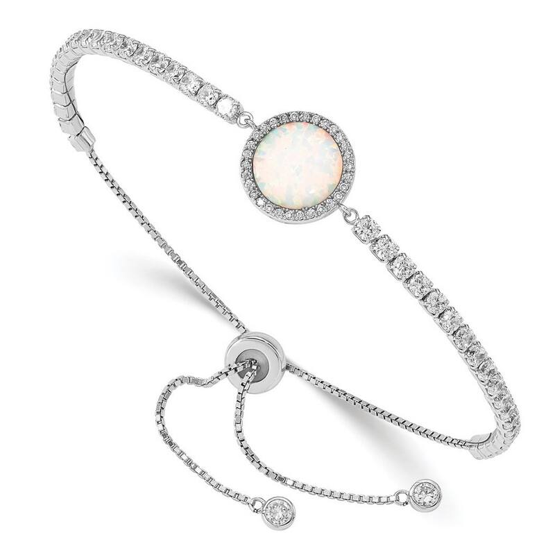 Curata 925 Sterling Silver Rhodium Plated Lab Simulated Opal and Cubic Zirconia Adjustable Bracelet