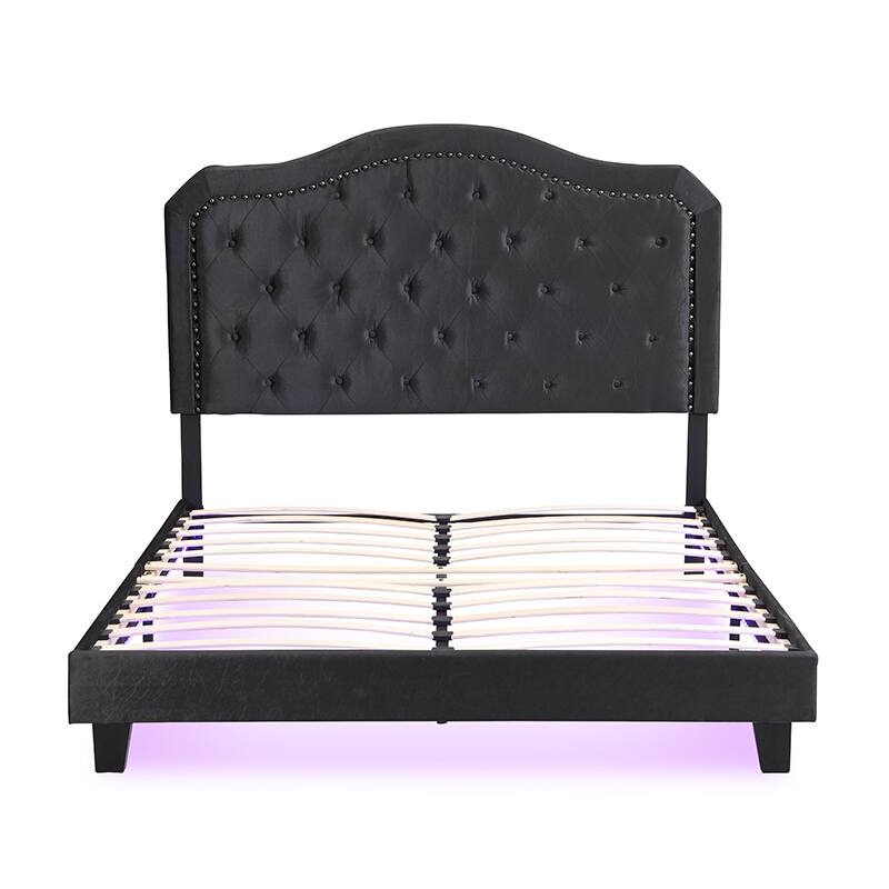 Elegant Upholstered Queen Bed with Button Tufted Curves, LED Lights, and Strong Wooden Slat Support, No Box Spring Needed