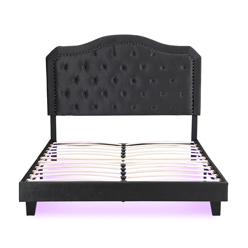 Queen Size Upholstered Platform Bed with Button Tufted Curved Design, LED Lights, and Strong Wood Slat Support