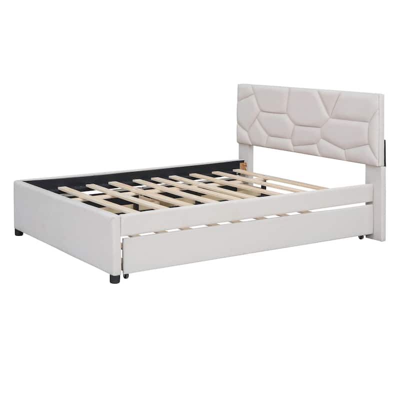 Beige Linen Fabric Full Size Upholstered Platform Bed with Brick Pattern Headboard, Twin Size Trundle, and 2 Drawers