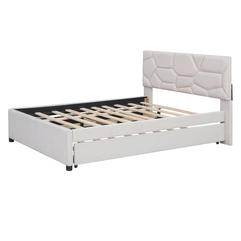 Full Size Upholstered Platform Bed with Brick Headboard, Twin Trundle, 2 Drawers, Beige Linen Fabric