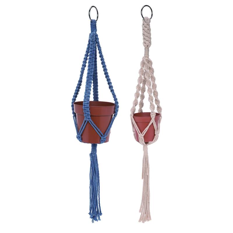 Transpac Cotton 30 in. Multicolor Spring Hanging Twisted Macrame with Pot Set of 2