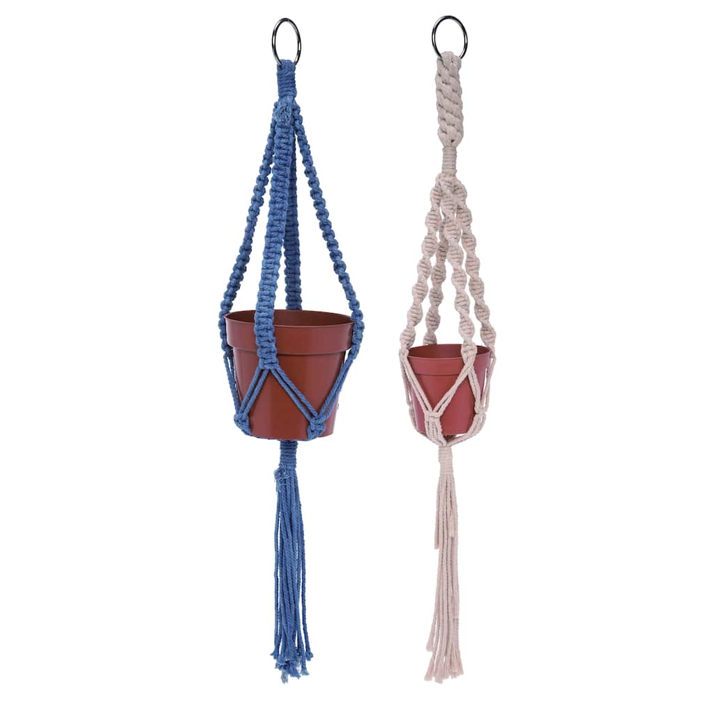 Transpac Cotton 30 in. Multicolor Spring Hanging Twisted Macrame with Pot Set of 2