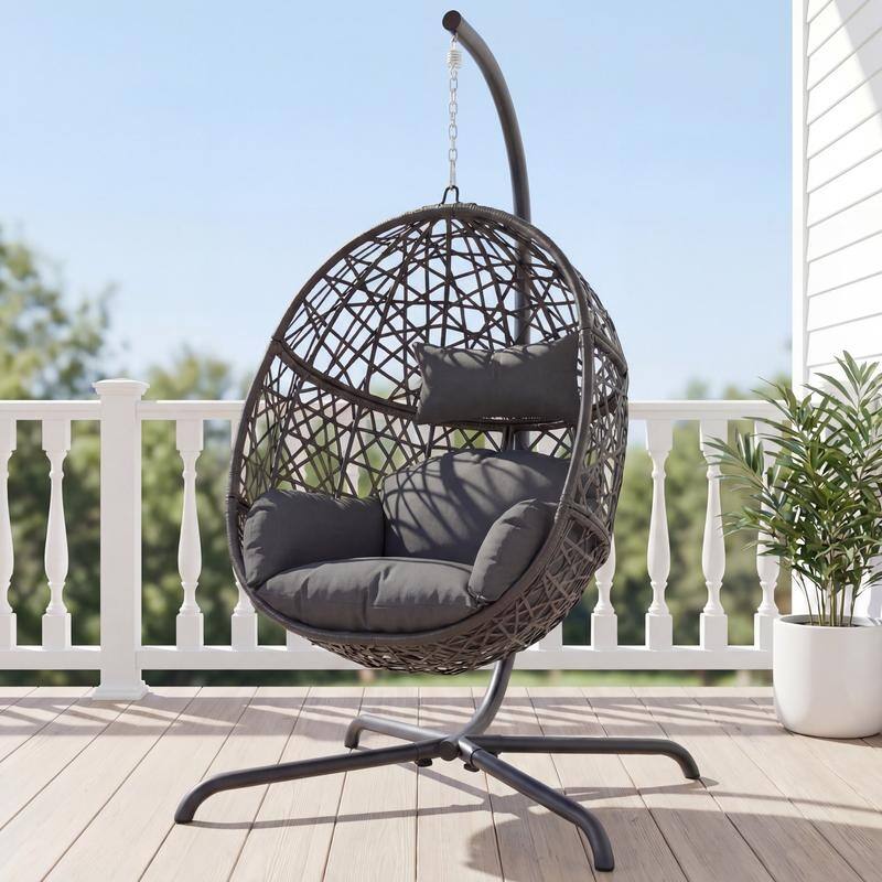 Oversized Hanging Egg Chair with Stand, Indoor/Outdoor Wicker Swing Chair for Patio Porch Balcony with Cushions - Dark Grey