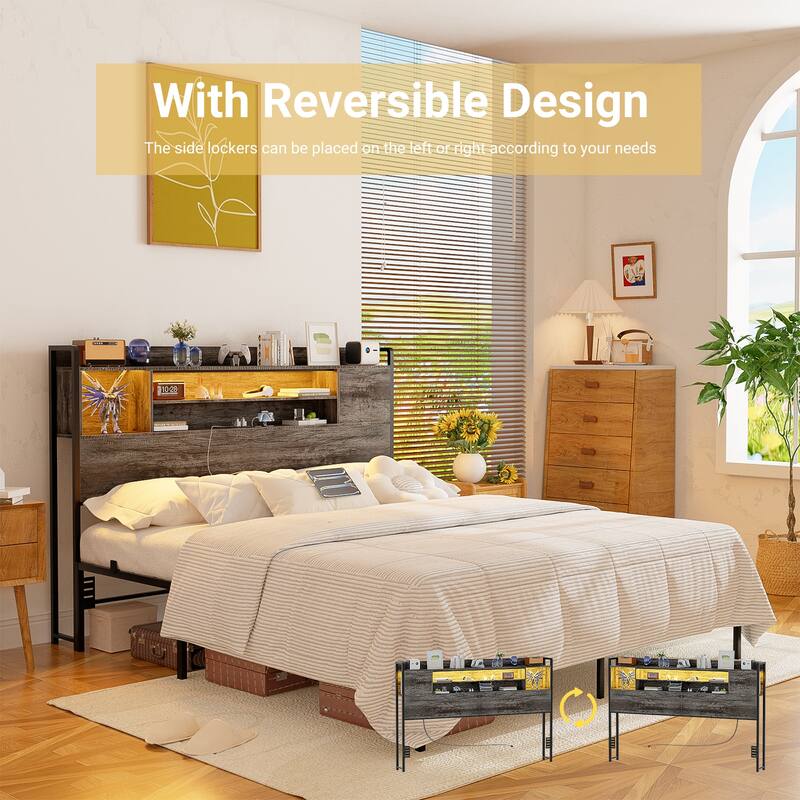 Storage Headboards with Power Outlet and LED Light, Head board with Storage Shelves for Bed Frame