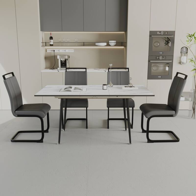 5-Piece Expandable Dining Table Set with C-shaped Tubular Cushioned Armless Chair, Scratch Resistant Plastic Feet