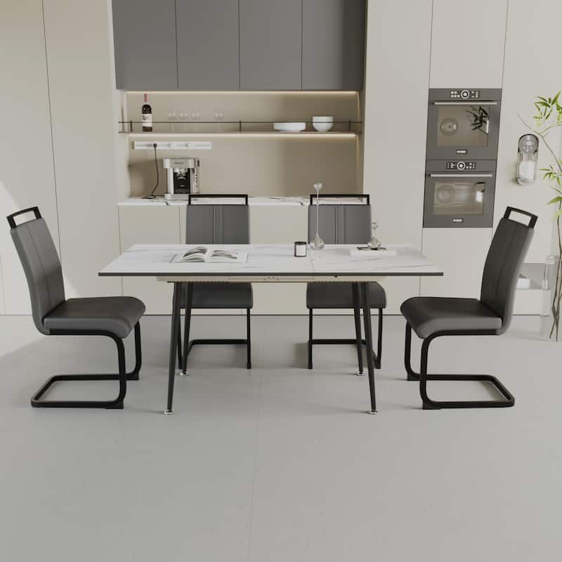 Modern Dining Set with Rectangular Extendable Table & High Back C-shaped Tube Chairs