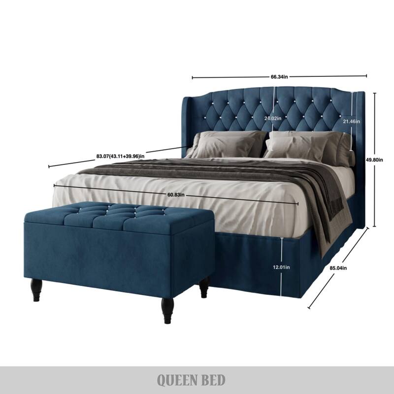 CraftPorch 2 Piece Bedroom Bench Set Velvet Wingback Upholstered Bed