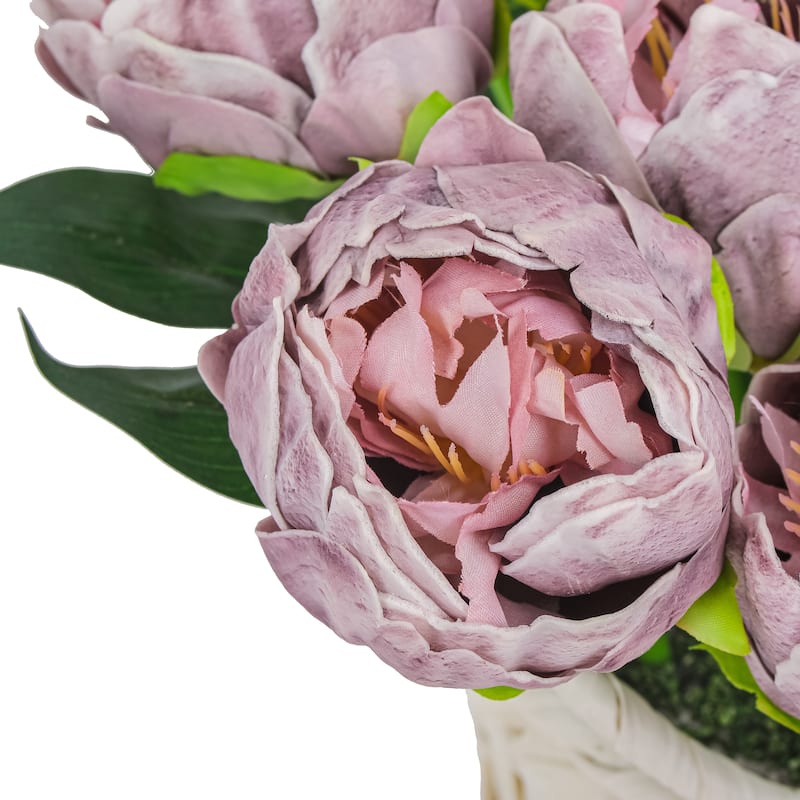 National Tree Company 10 in. Light Purple Peony Flower Bouquet in White Basket - 10 in