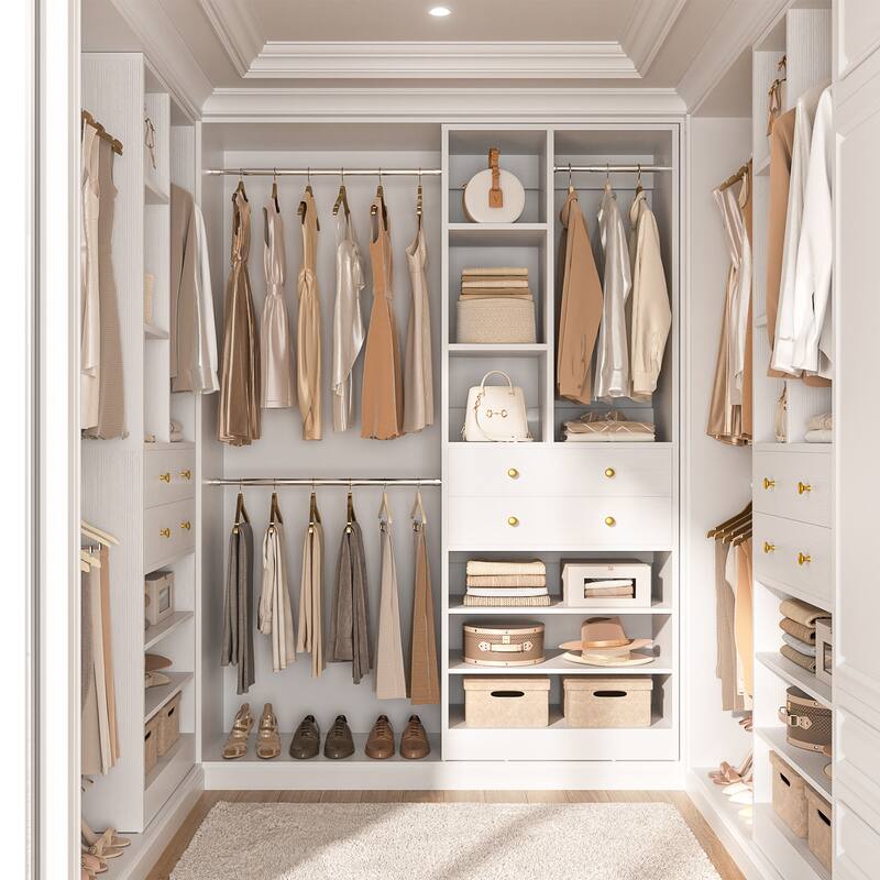 Closet Organizer with 5 Hanging Rods and 2 Drawers, Adjustable Closet System with Shelves and Shoe Rack