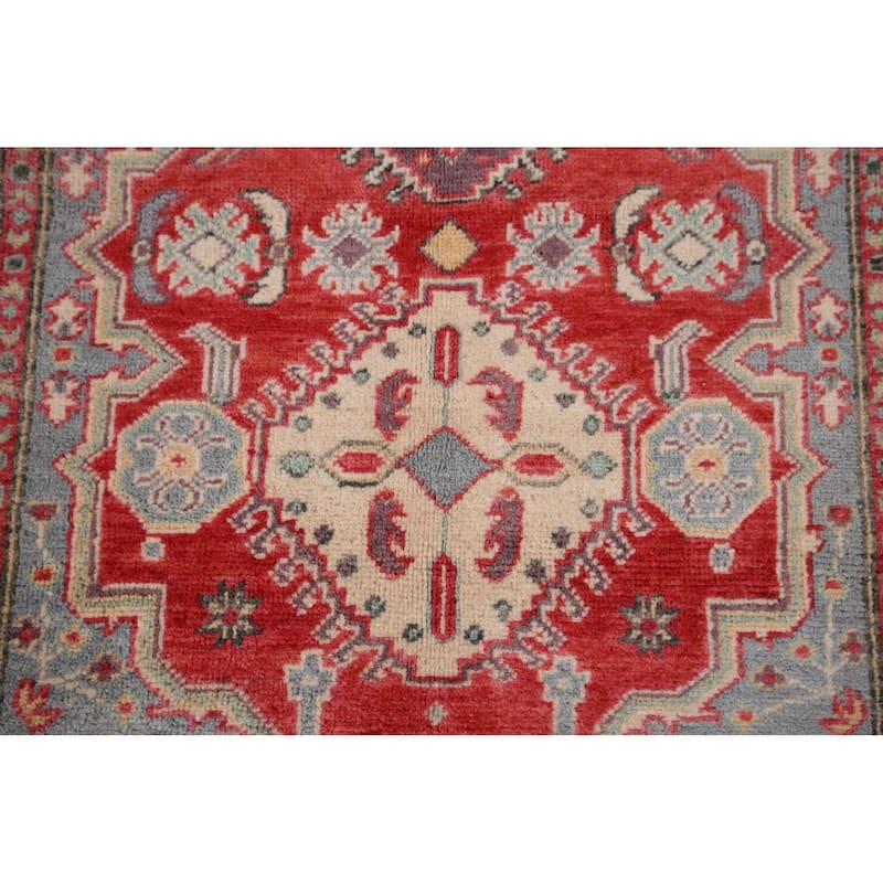 Geometric Red Kazak Accent Rug Hand-Knotted Foyer Wool Carpet - 2'10" x 4'3"
