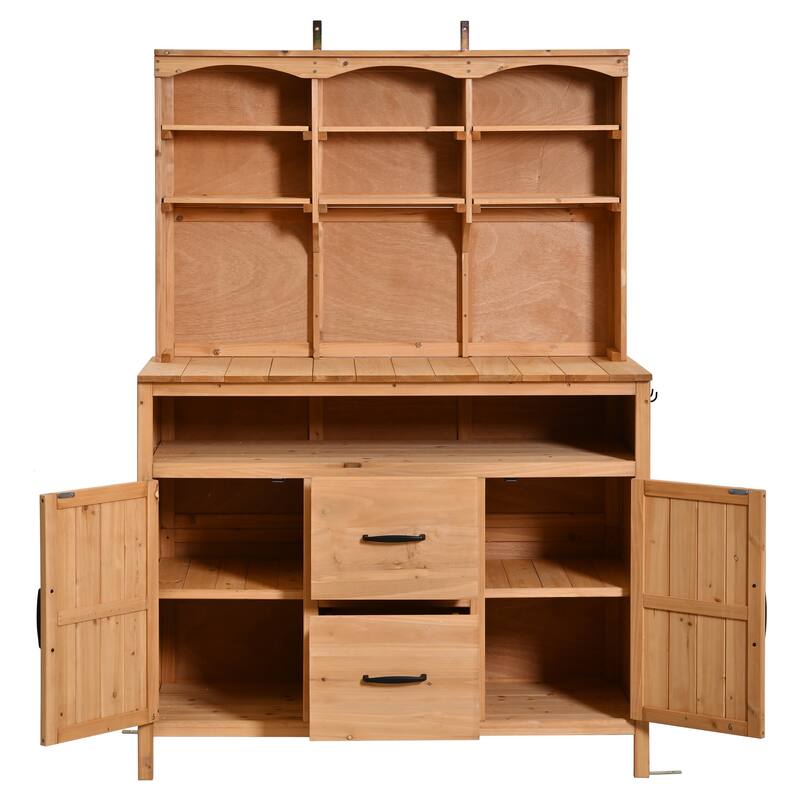 45" Fir Wood Outdoor Potting Bench with Hutch, Cabinets, and Drawers