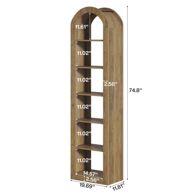 6-Tier Wooden Tall Bookshelf, 74.8 Inches Rustic Arched Bookcase