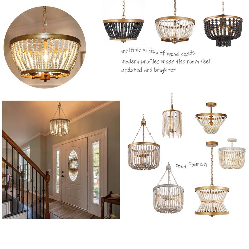 Coasa Mid-Century Modern Gold 2-light Semi-flush Mount Lights Wooden Beads Chandelier for Dining room - D14'' x H14''