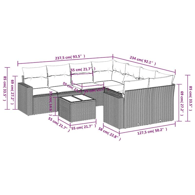 vidaXL Patio Sofa Set with Cushions Outdoor Furniture 9 Piece Poly Rattan - 21.7 x 21.7 x 14.6
