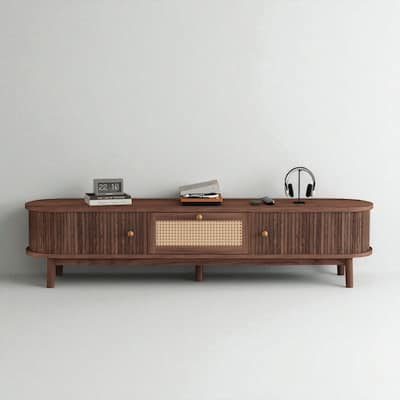 Modern 66" TV Stand for 75 Inch TVs, Rattan Drawer Media Console with Sliding Doors and Solid Wood Legs