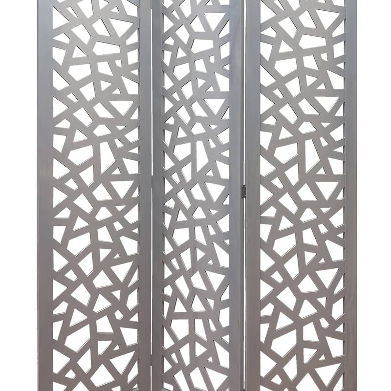 3 Panel Contemporary Wooden Screen with Cut Pattern Design, Gray