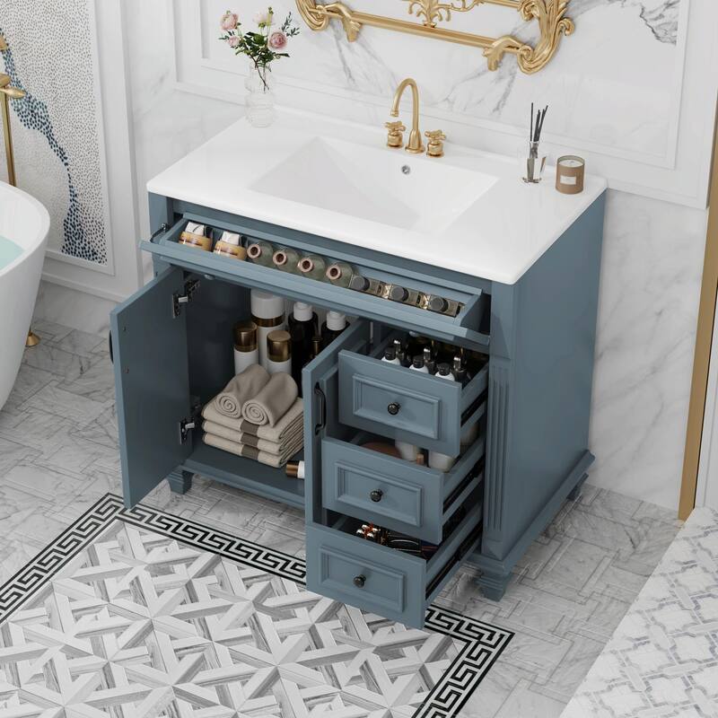 36" Bathroom Vanity with Sink, Cabinet, Flip-Out Drawer, 3 Drawers & 2 Soft-Close Doors - Blue Gray